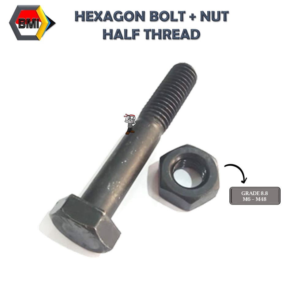 Hex Bolt Halfthread Baut Mur Baja 
