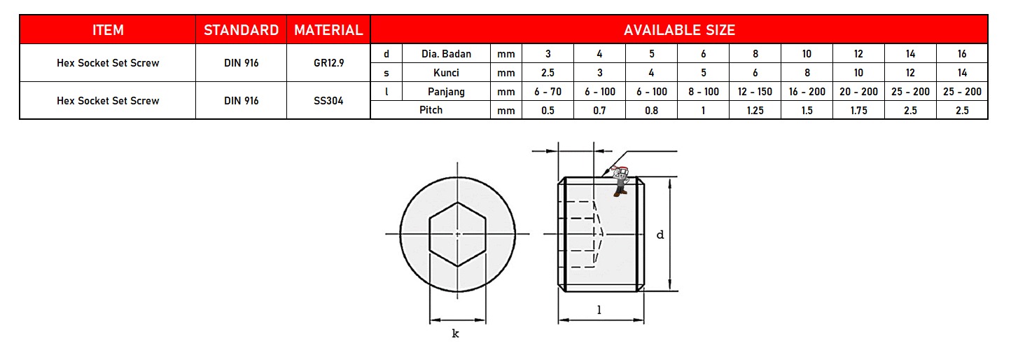 Hex Socket Set Screw Baut L Tanam